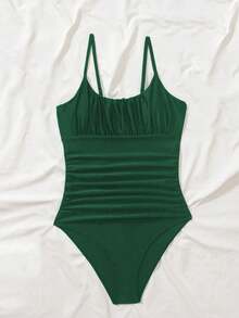 Women's Fashionable Black Slimming Concealing One-Piece Swimsuit, Solid Color With Waist Drawstring, Suitable For Beach Holiday