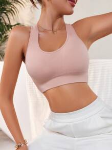 1pc Pink Seamless Sports Bra With Backless Design, Elastic Women Solid Color Underwear For Outdoor Wear