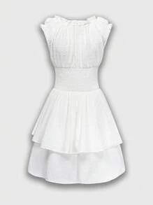 Women 2025 Spring Autumn Women's White Tiered Jumpsuit | Chiffon A-Line Shorts With Puffy Ruffles | Sweet Square Neckline & Waist-Defining Silhouette | Fairycore Wedding Guest & Date Night Outfit