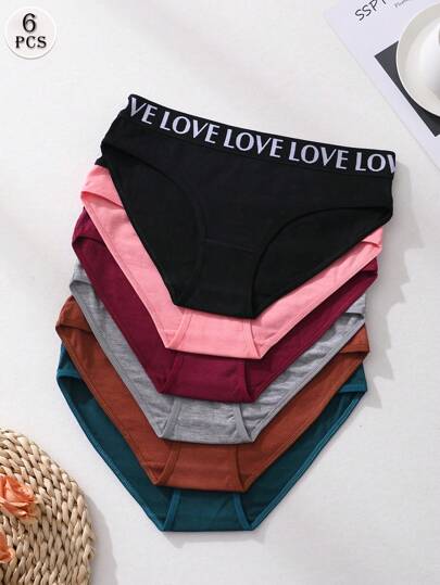6pcs Women's Low Waist Seamless Panties, LOVE Letter Waistband, Comfortable & Breathable, Sports Underwear