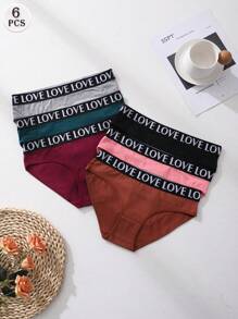 6 piezas de bragas de mujer con cintura baja, sin costuras, con estampado de letras LOVE, ropa interior cómoda y transpirable para deportes