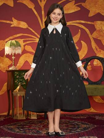 女童水钻装饰长袖优雅连衣裙