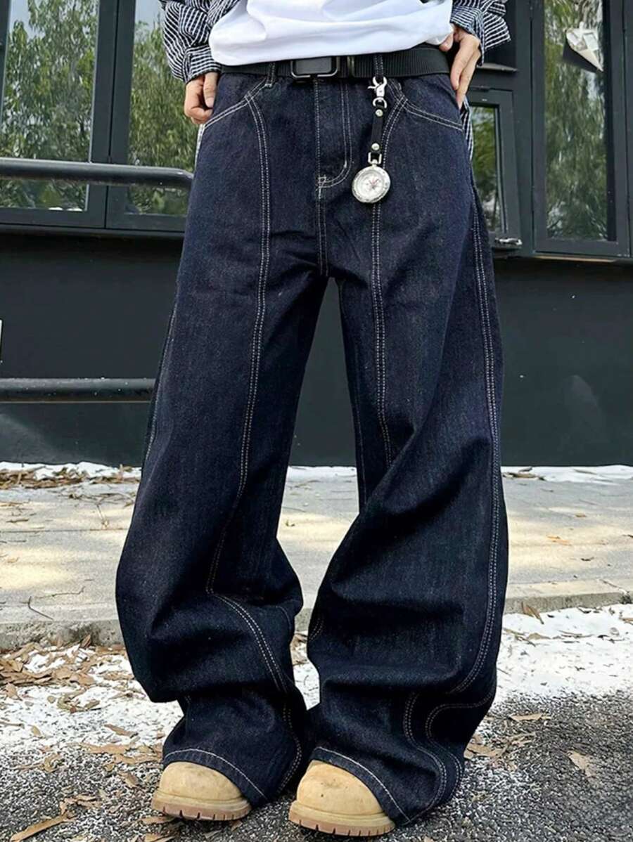 1 pieza Pantalones vaqueros amplios casuales de hombre con bloqueo de color, lavado vintage y patchwork, estilo "Justice Brother"