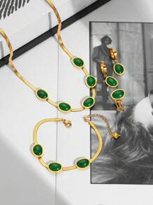 5pcs Fashionable Retro Stainless Steel 18K Gold Plated Green Stone Jewelry Set, Suitable For Women's Daily Wear, Parties, Holidays Gifts - Yellow Gold - View 1