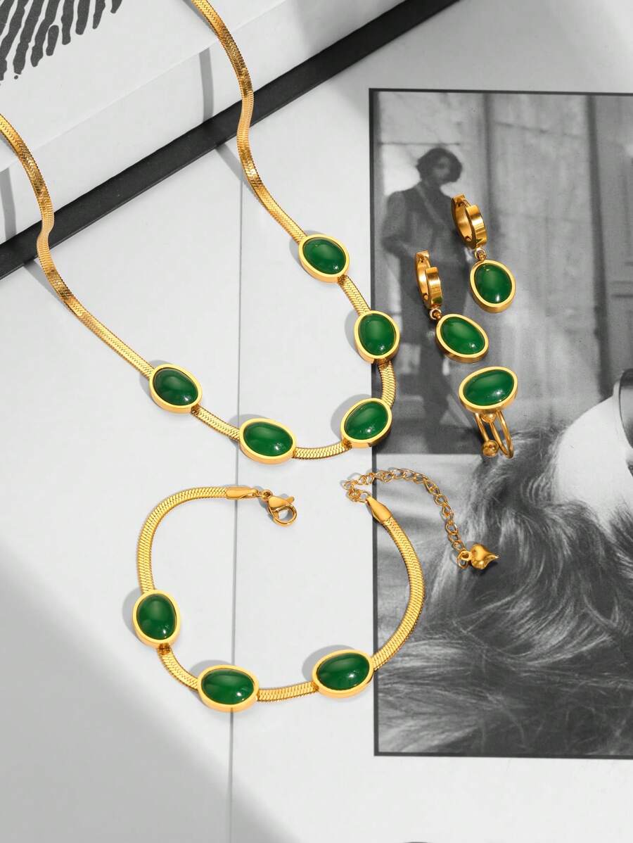 5pcs Fashionable Retro Stainless Steel 18K Gold Plated Green Stone Jewelry Set, Suitable For Women's Daily Wear, Parties, Holidays Gifts - Yellow Gold - View 1