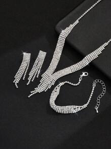 4pcs Jewelry Set For Women: Tassel Necklace, Earrings, Bracelet, Simple Geometric Style, Bride Wedding Party Outfit