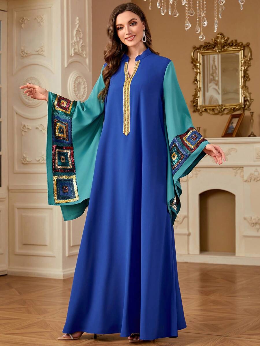 Women's Fashionable V-Neck Dress With Sequins Embroidered Trim, Spring/Summer, Modest Kaftan - Blue - View 1