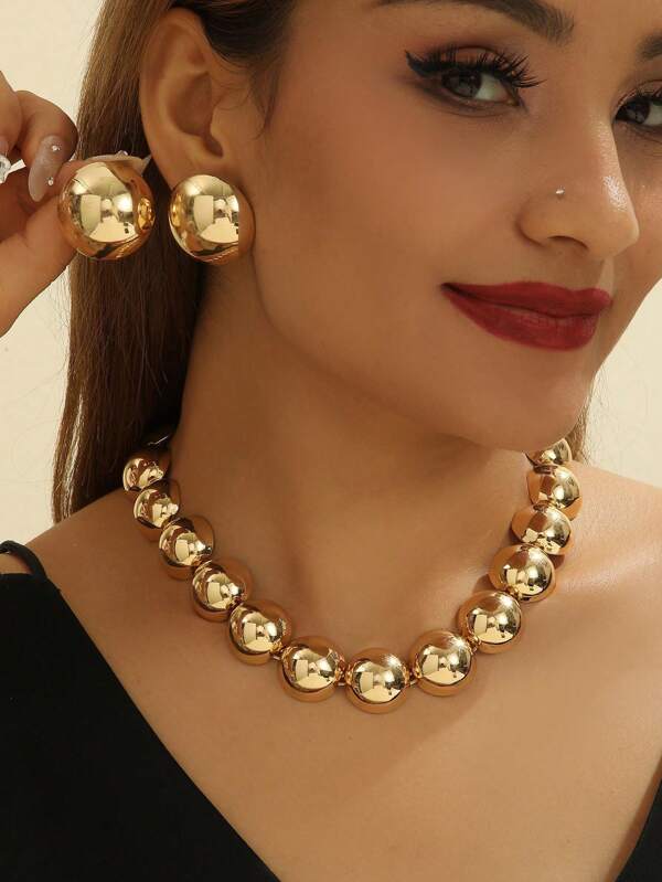 A Set Of Women's Punk Style Exaggerated Large Round Beads Fashion Personalized Necklace Earrings Set
