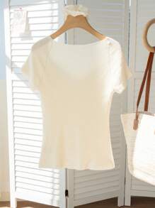 Áo len tay ngắn ôm sát, khoét sâu gợi cảm dành cho nữ, hở xương quai xanh, thích hợp cho mùa tựu trường, mùa hè - Màu be - Xem 10