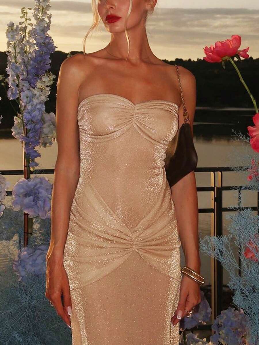 Women Summer Bling Glitter Tube Ruched Patchwork Long Dress, Bodycon Sexy Elegant Prom Party Dress, Wedding Guest Cocktail Dress Vestidos Elegantes Para Fiesta - 杏色 - 查看 1