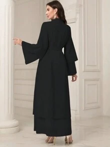 简约伊斯兰长袍，无头巾，长袖前开式休闲朴素穆斯林女式连衣裙 - 黑色 - 查看 4