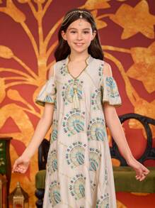 Vestido/bata de manga corta holgado con bordado vintage para adolescentes y niñas preadolescentes