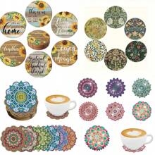 6pcs Sunflower, Mandala Floral Pattern Wooden Coasters, Round Shape, Anti-Slip Tabletop Art Coasters For Adults, Office, Tea House, Home, Crafts & Gifts