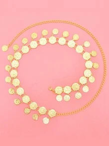 1pc Women Minimal Double Coin Tassel Waist Chain, Zinc Alloy Textured Pattern, Suitable For Party & All Seasons - Gold - View 3