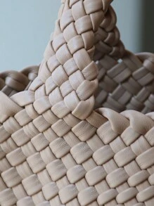 秋冬时尚软皮水桶托特包单肩大包编织跨境饺子包小众设计欧美复古日韩风大容量手提包购物袋 - 杏色 - 查看 7