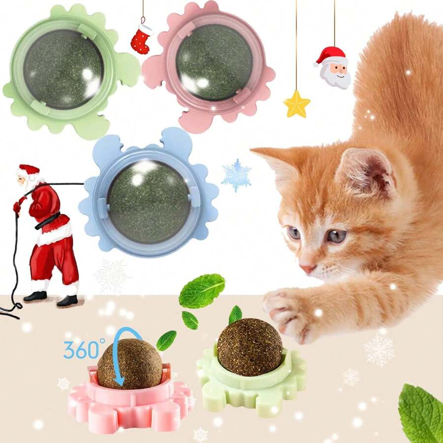 Catnip Ball Toys For Indoor Cats Wall, 3 Pack Rotatable Catnip Wall Balls Cat Nips Cats Kitty Toys Indoor Interactive Cat Lick Catnip Ball Pet Christmas Toy For Teeth Cleaning Dental Catnip Toys Ball - 彩色 - 查看 1