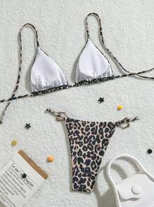 New Fashion Sexy Lace-Up Leopard Print 2 Pieces Bikini Set, For Summer Beach Vacation - Multicolor - View 6