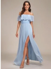 EVERPRETTY Off-Shoulder Ruffle Sleeve Side Slit A-Line Chiffon Blue Bridesmaid Dress, Wedding Guest Dress, Wedding/Vacation/Graduation Ceremony - Baby Blue - View 5