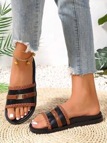 Sandales de plage mode polyvalentes de style décontracté avec boucle, large bande rayée noire, semelle double, style punk - Noir - Voir 2