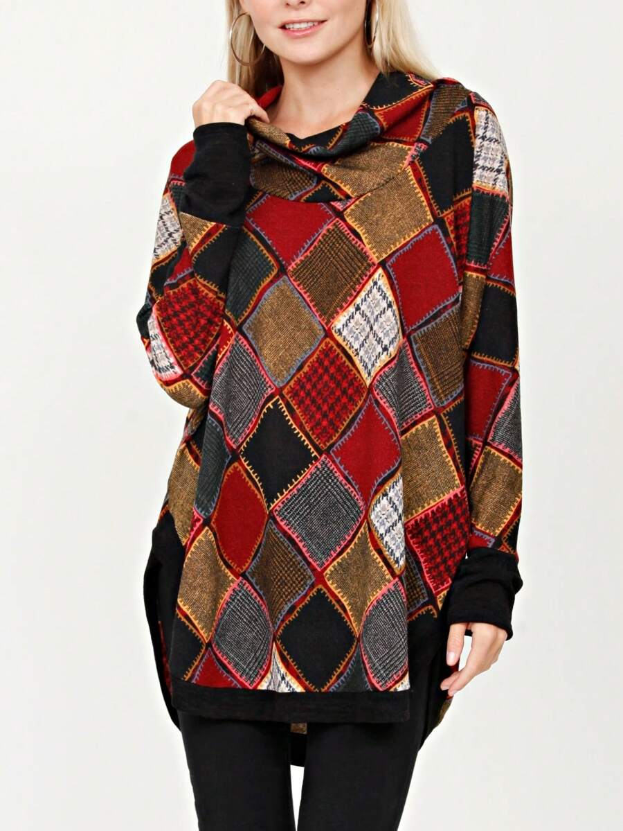 Boho Retro 70's 90's Vintage Black Black Olive Mocha Pink Mint Knit Brushed Ruffle Tiered Color Block Stripe Tunic Dress - 紅B - 查看 1