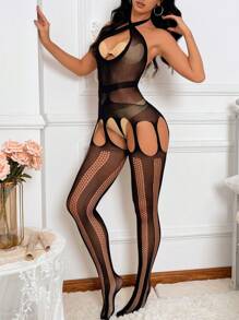 Sexy Lingerie Halter Net Mesh See Through Jumpsuit - Black - View 2