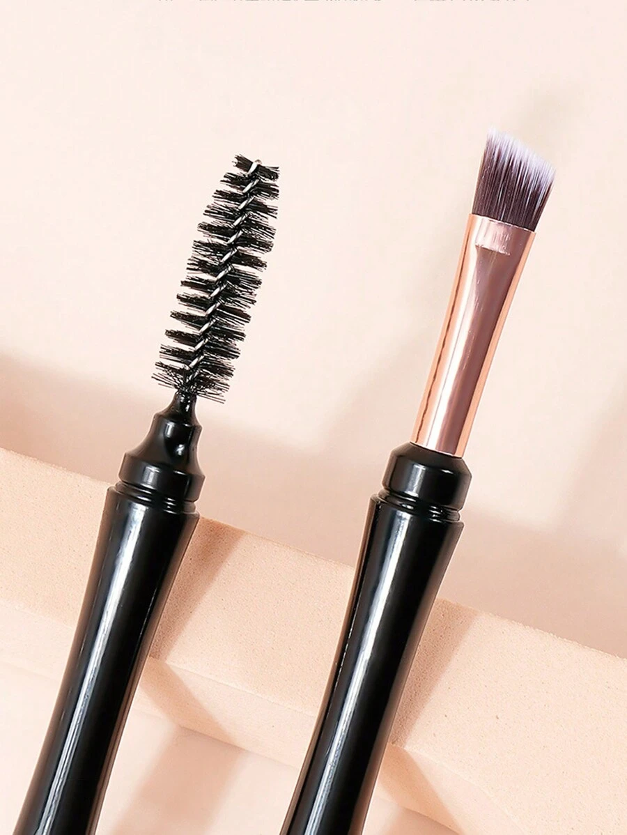 1pc Dual-Ended Eyebrow Brush With Cap, Spiral Eyelash Curler Angled Makeup Brush, Portable Dust-Proof Beauty Tool - Black - View 1