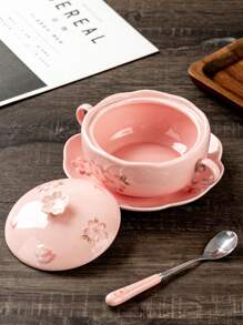 1 Set Dual-Ear Ceramic Bowls, 1 Bowl+1 Lid+1 Spoon+1 PlateFloral Pattern, Large Capacity Ceramic Plates, Soup Bowls, Salad Bowls, Noodle Bowls, Oven & Microwave , For Fruit, Pasta, Suitable For Gathering, Hot Pot, Picnic, Barbecue, Kitchen Tableware ﻿