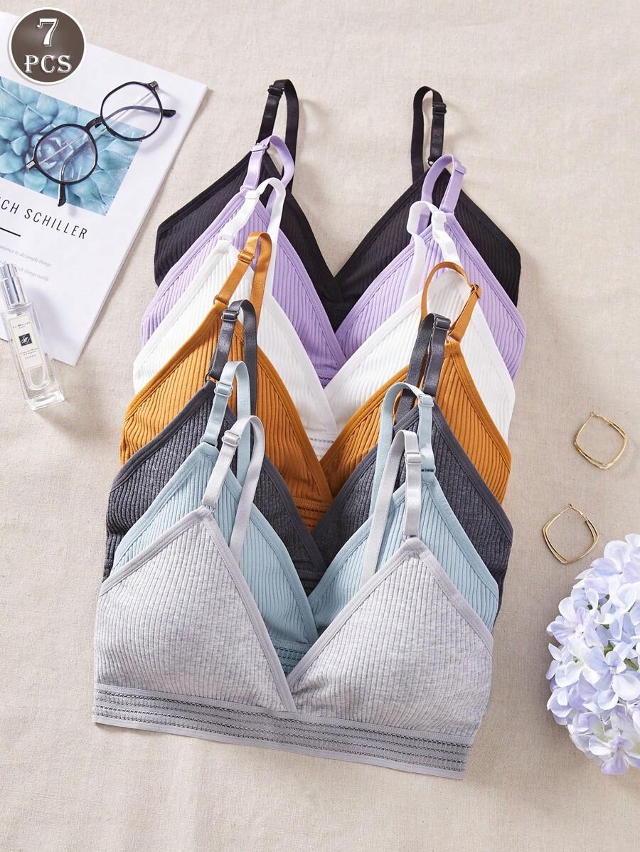 7PCS Women's Simple Casual Rib Solid Color Bra, Soft, Breathable, Wireless, Comfortable At Home Style Bra Underwear. - 彩色 - 查看 1