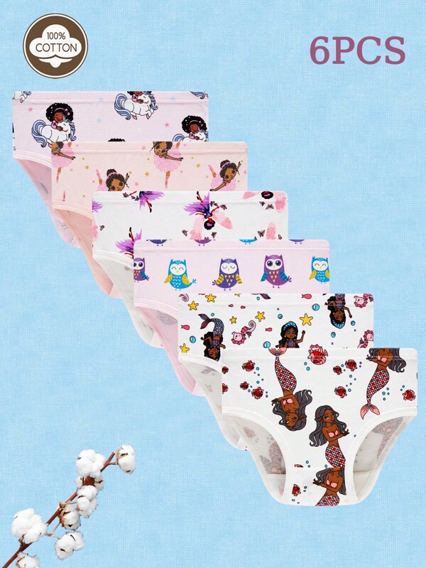 Conjunto de 6 calzones/bragas de niñas jóvenes con diseños de chica bailarina de tono de piel oscuro, sirena negra y búho, transpirables y cómodos para niñas pequeñas, jóvenes y adolescentes
