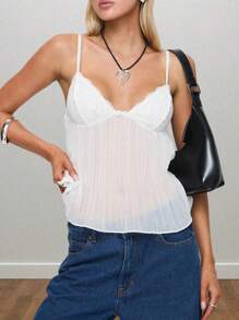 Women Y2k Crop Cami Tops Sexy Pleated Camisole Spaghetti Strap Bow Decor V-Neck Lace Tank Tops Summer Going Out Tops Backless Shirt Aesthetic Clothes Streetwear - 白色 - 查看 1