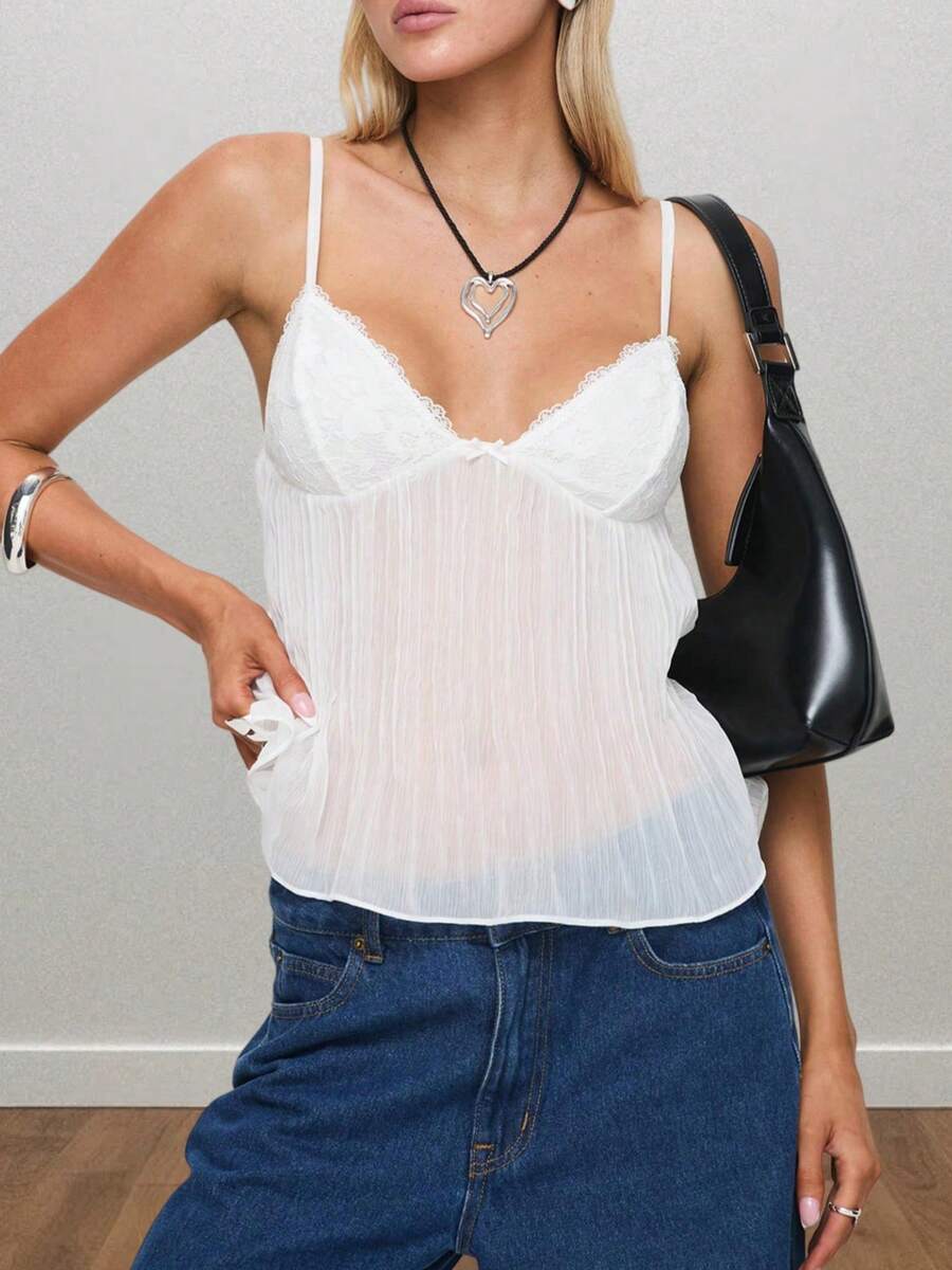 Women Y2k Crop Cami Tops Sexy Pleated Camisole Spaghetti Strap Bow Decor V-Neck Lace Tank Tops Summer Going Out Tops Backless Shirt Aesthetic Clothes Streetwear - 白色 - 查看 1