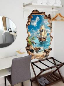 1pc/1set2pcs/1set3pcs, Creative Landscape Wall Stickers, Simulated Broken Wall Mountain Stream Forest Waterfall, Sailboat And Ocean Wall Decals, Suitable For Living Room Bedroom Bathroom Door, Mural Decorative Wall Stickers Gifts Birthday Graduation Personalised Stickers - Multicolor - View 16