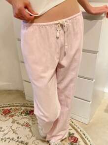 Women's Stripe Print Pants Drawstring Low Rise Straight Leg Trousers Bottoms - Pink - View 4