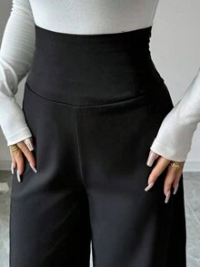 Women's Solid Color High Waist Loose Casual Long Pants - Black - View 4