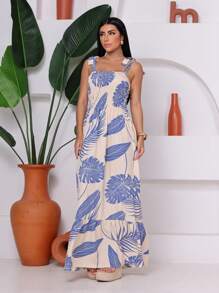 Long Printed Stretch Dress With Straps - Blanco con azul - Ver 3