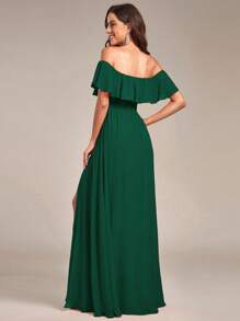 EVERPRETTY Off-Shoulder Ruffle Sleeve Side Slit A-Line Chiffon Green Bridesmaid Dress, Wedding Guest Dress, Wedding/Graduation Ceremony - Dark Green - View 3
