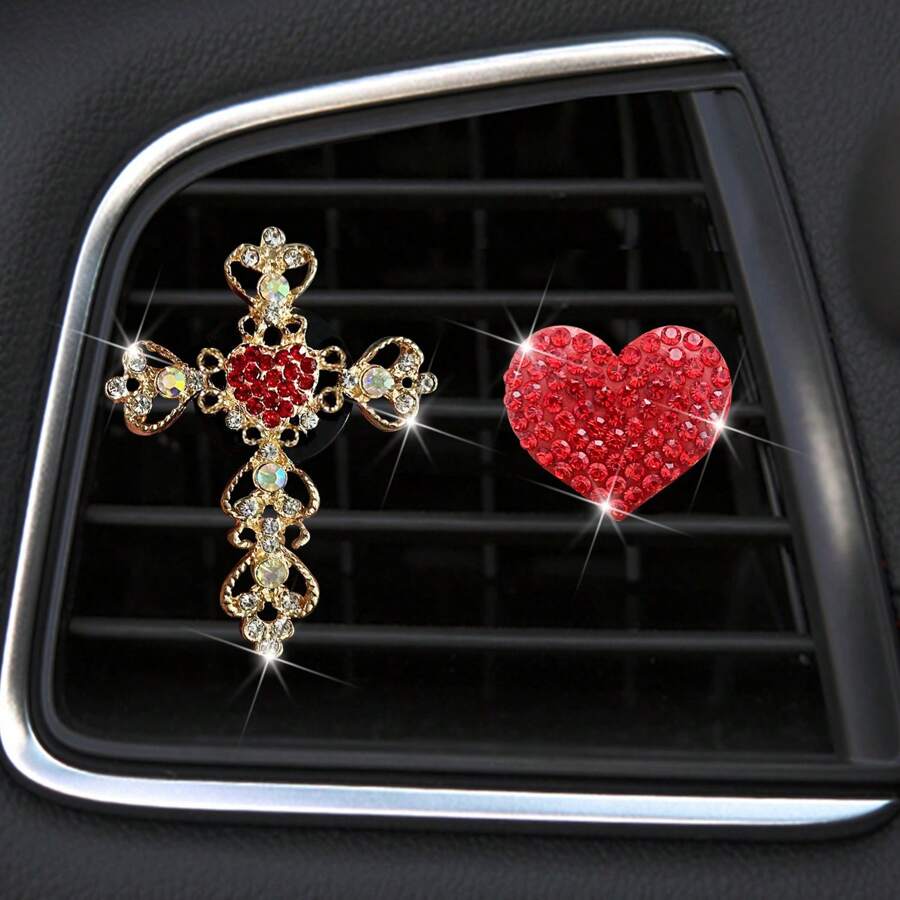 2pcs Heart Shaped Diamond Decorations Set Car Air Vent Clip Freshener Interior Ornament Car Air Conditioning Decor Fragrance Product - Red - View 1