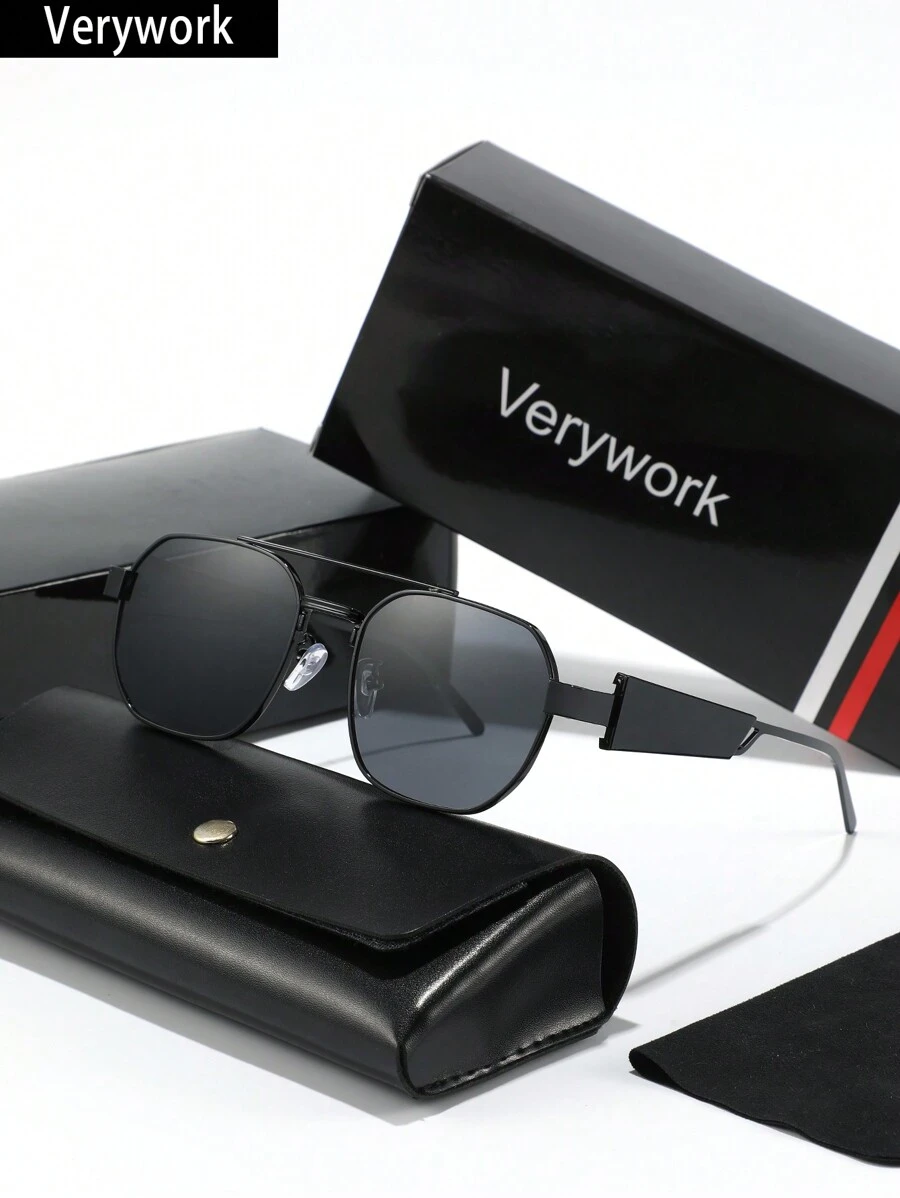 1 pièce Monture carrée de marque Verywork de haute qualité, design gracieux et expressif. Lunettes de mode pour hommes avec étui de rangement et chiffon de nettoyage pour les accessoires de voyage et de prise de vue de rue. Choix idéal pour un cadeau. - film gris cadre noir - Voir 1