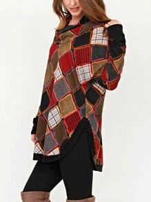 Boho Retro 70's 90's Vintage Black Black Olive Mocha Pink Mint Knit Brushed Ruffle Tiered Color Block Stripe Tunic Dress - 紅B - 查看 4