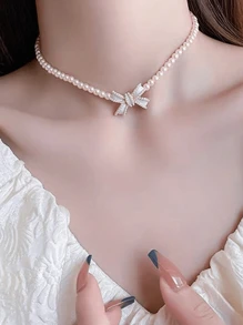 3pcs/Set Fashionable Simple Pearl Bow Earrings Necklace Jewelry Set, Gift For Girls - one-size - View 3