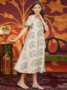 Vestido/bata de manga corta holgado con bordado vintage para adolescentes y niñas preadolescentes