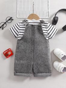 2pcs/Set Baby Boy Denim Overall + Striped Short Sleeve Top - Black - View 2
