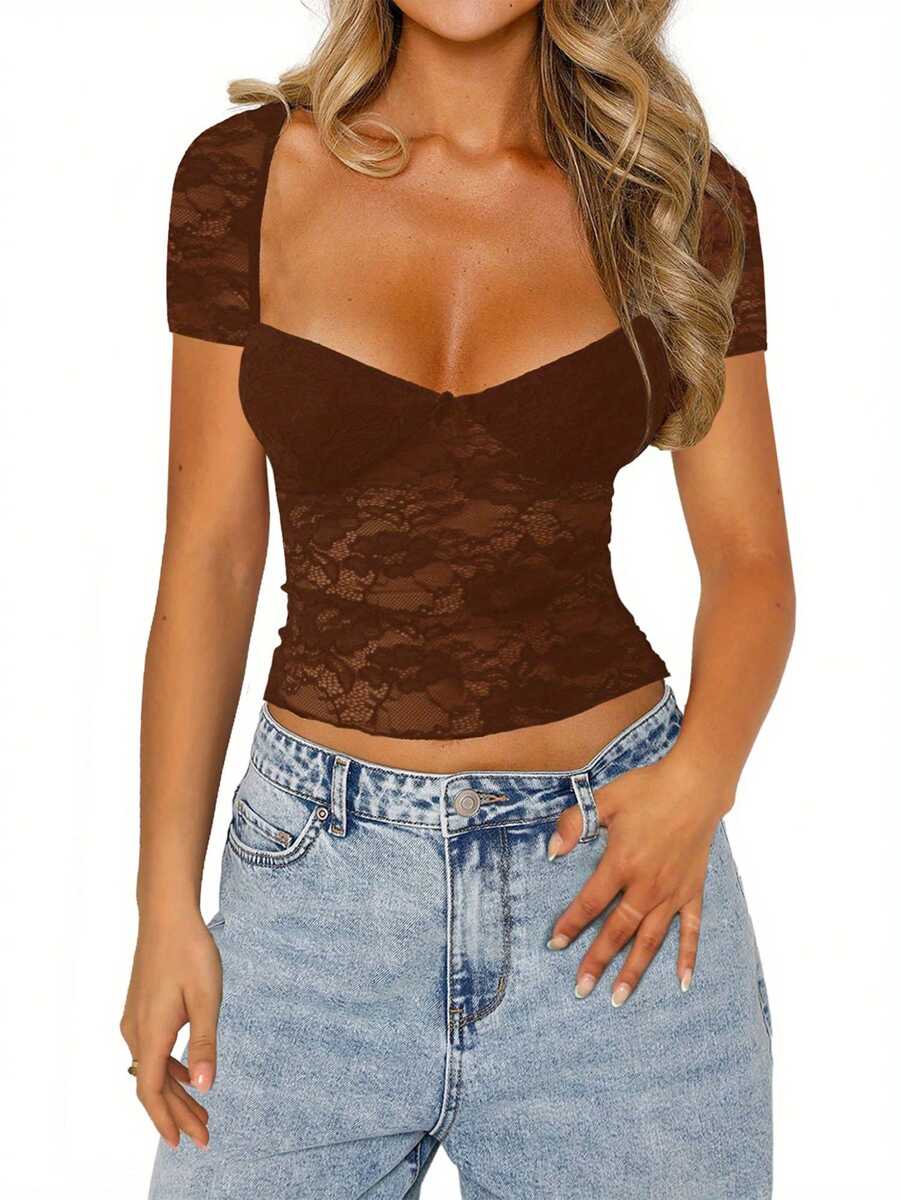 Women Summer See Through Slim Crop Tops Short Sleeve Low Cut Sheer Lace Floral Club T-Shirt