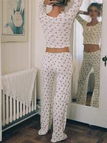 Women Pajama Set Heart/Bear Print Long Sleeve Crop Tops Elastic Waist Long Pants 2 Pcs Lounge Outfit