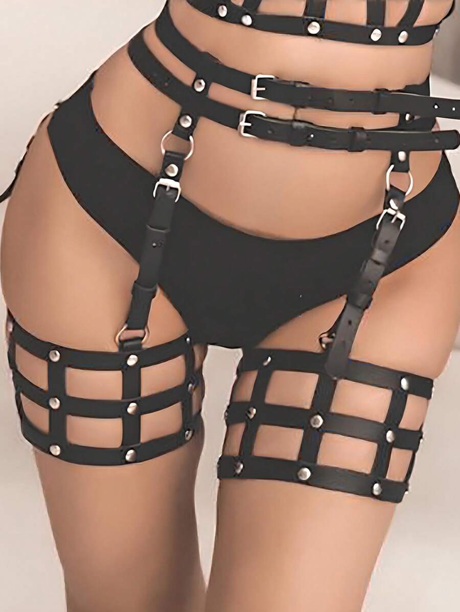 女士情趣多层束缚带 - 性感内衣配饰 - 宽扣PU皮革吊袜带可调节大腿带女士腰带配饰 - 适合情侣游戏派对、庆祝活动、万圣节、圣诞节、情人节、约会、派对等场合 - 黑色 - 查看 1