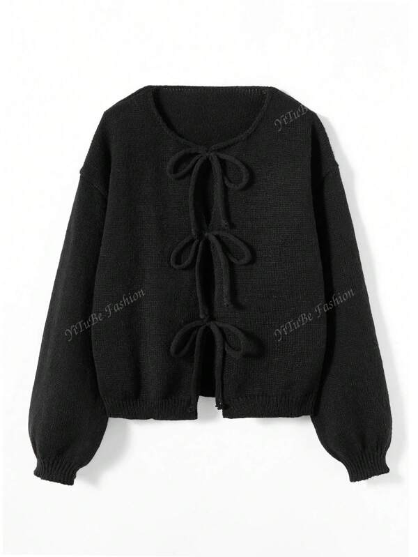 [Tops] Einfarbiger Strickjacke mit gedrehter Vorderseite und Langarm, minimalistisch, Büromode, vintage, einfach, im französischen Stil, Damen Strickjacke mit Krawatte Taille Gürtel, einfarbig, kann über einem T-Shirt getragen werden, extra oversize süße Strickjacke