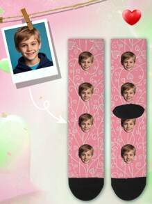 1 双定制脸男士中筒袜，将任何脸放在袜子上，带有照片的个性化袜子，有趣的定制图片搭配中长袜，适合情人节、生日、送礼等场合