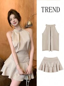 Sleeveless Halter Crop Tank Top And Ruffle Hem Mini Skirt Elegant 2 Pieces Set For Summer - Apricot Two Piece Set - View 4