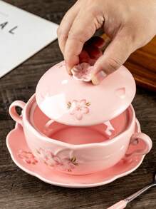 1 Set Dual-Ear Ceramic Bowls, 1 Bowl+1 Lid+1 Spoon+1 PlateFloral Pattern, Large Capacity Ceramic Plates, Soup Bowls, Salad Bowls, Noodle Bowls, Oven & Microwave , For Fruit, Pasta, Suitable For Gathering, Hot Pot, Picnic, Barbecue, Kitchen Tableware ﻿