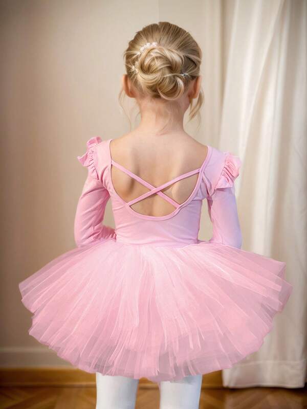 Vestido de tul rosa de bailarina con espalda hueca, con lentejuelas en forma de cisne, manga larga para niña pequeña. Enterizo de malla con peplum para baile infantil